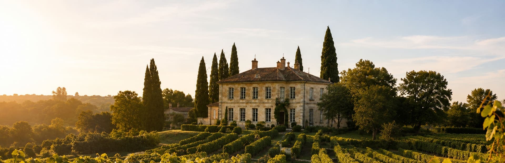Un château et ses vignes dans la lumière dorée du soir