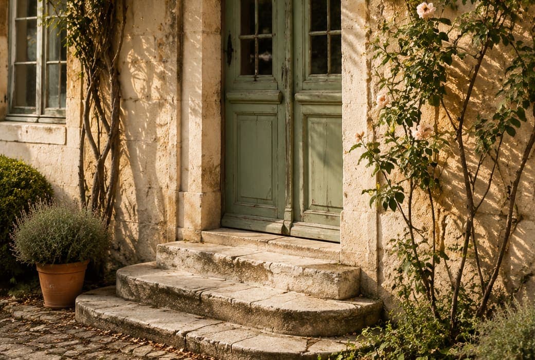 Porte en pierre couverte de vigne dans le Bordelais