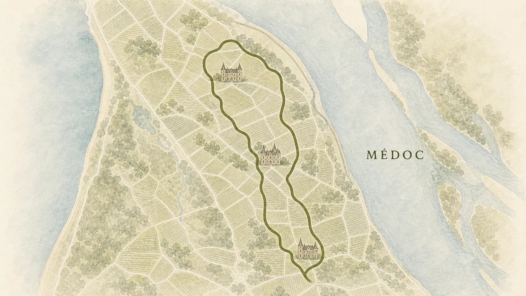 Watercolour map of the Médoc food and wine route