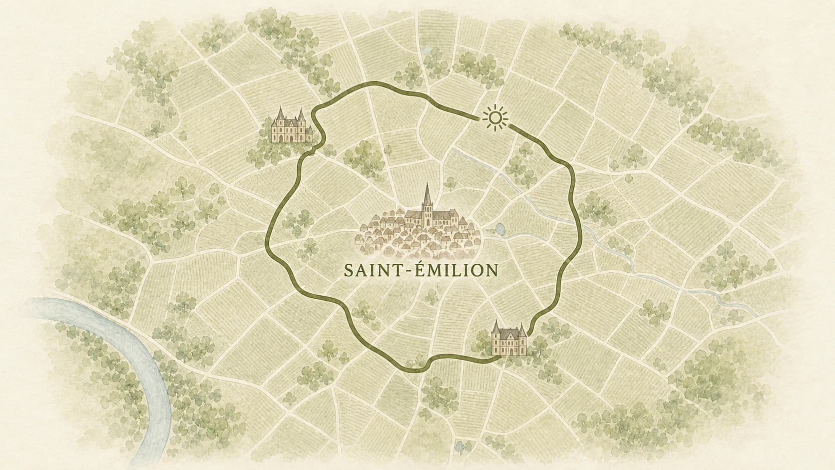 Carte à l’aquarelle du parcours à vélo électrique d’une demi-journée à Saint-Émilion