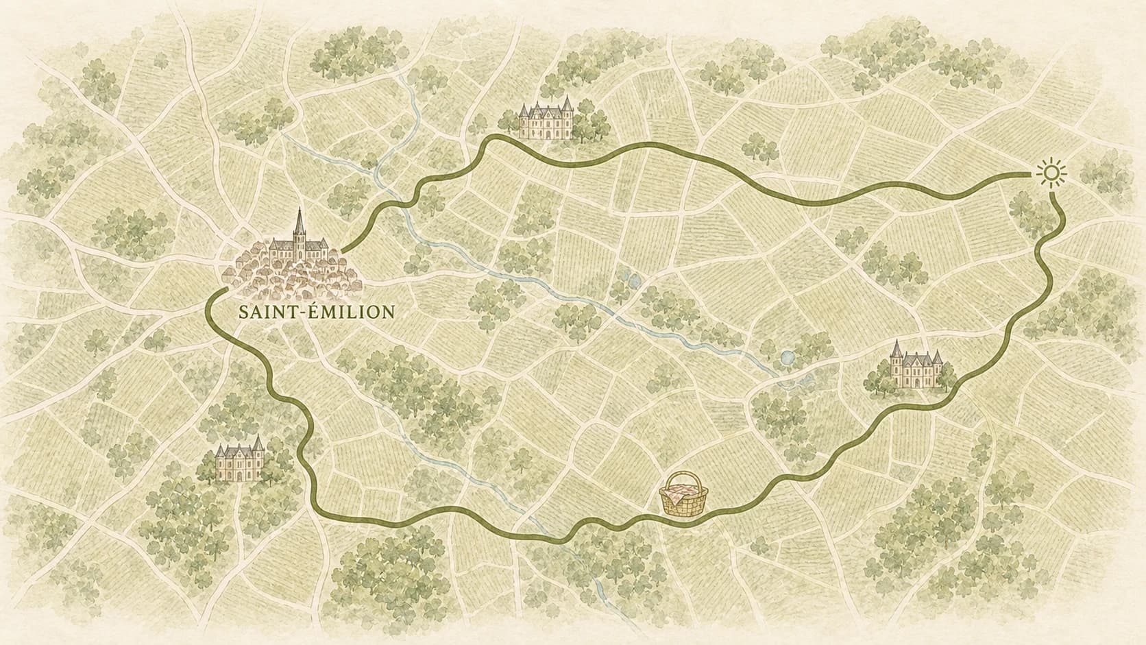 Carte à l’aquarelle du parcours à vélo électrique d’une journée au départ de Saint-Émilion
