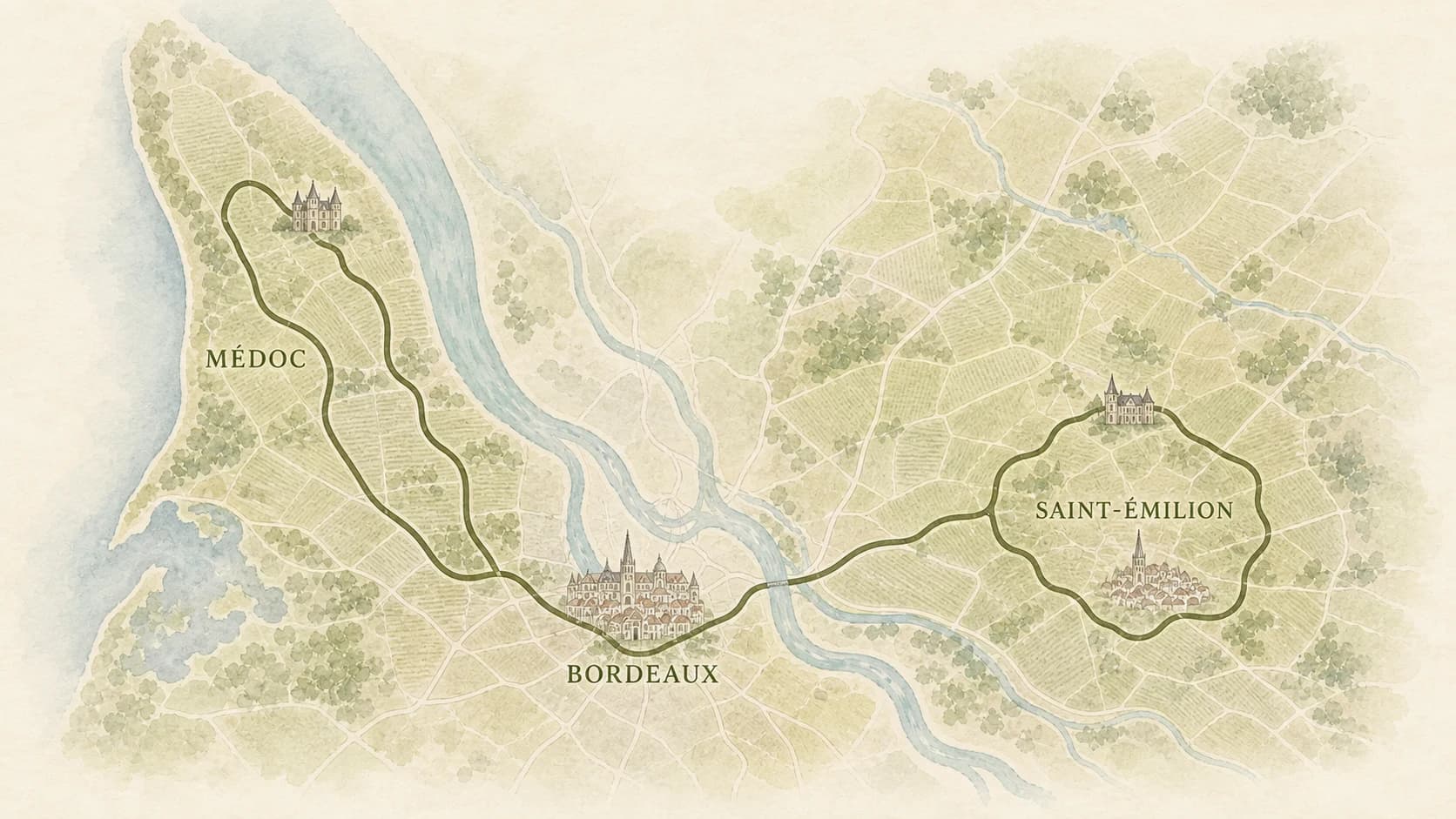 Carte à l’aquarelle du parcours viticole Saint-Émilion et Médoc