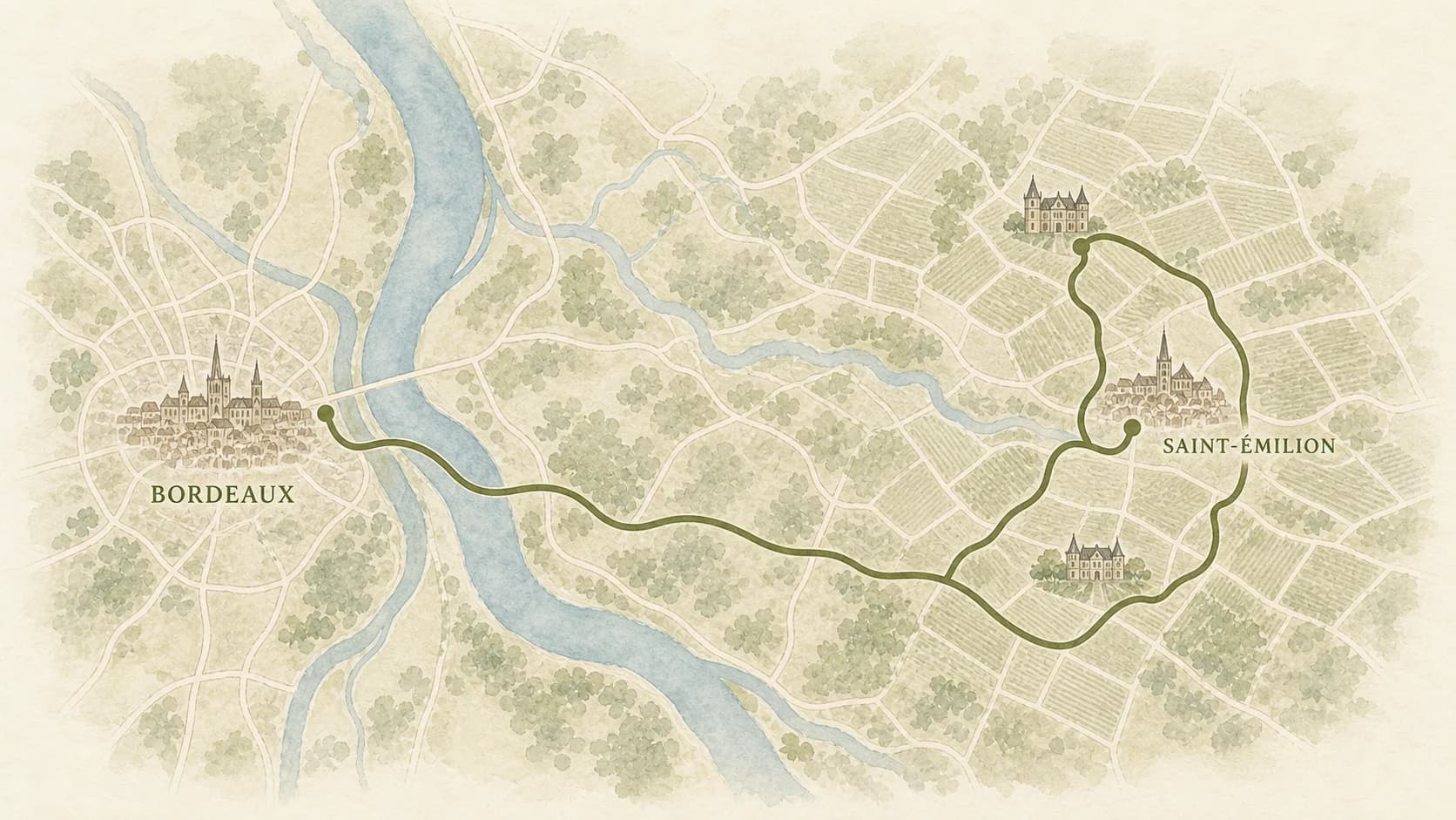 Carte à l’aquarelle du parcours en petit groupe de Bordeaux à Saint-Émilion
