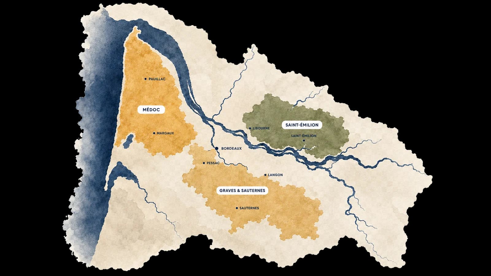 Carte illustrée de Bordeaux et de ses régions viticoles