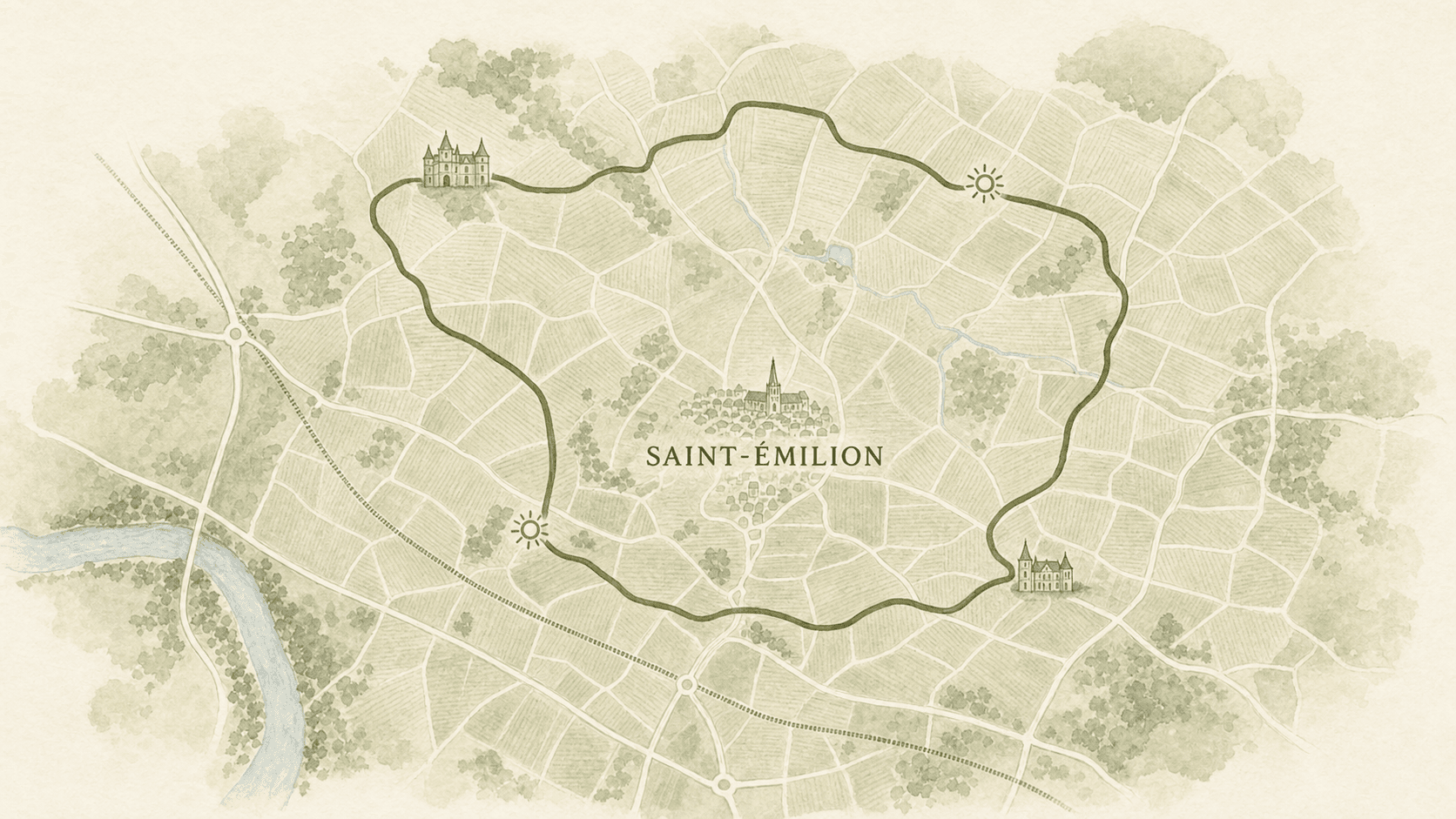 Watercolour map of Saint-Émilion and the surrounding vineyards